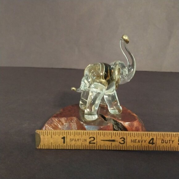 Glass Elephant Hand Blown Trunk Up Figurine Burl Wood Base Gold Ears - Picture 8 of 8